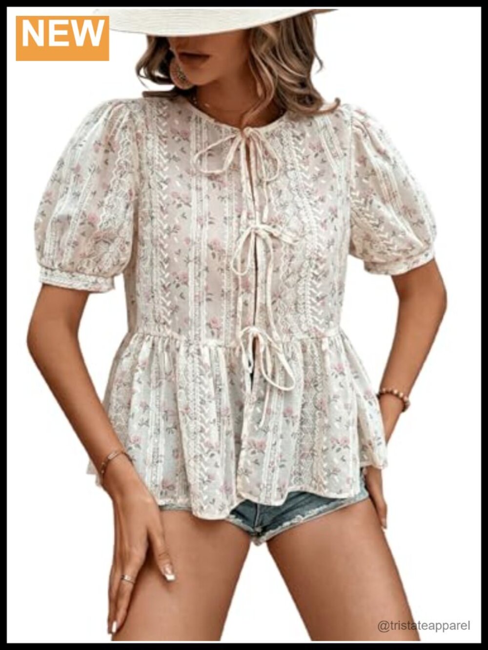 Women's Floral Print Puff Sleeve Ruffle Hem Peplum Blouse